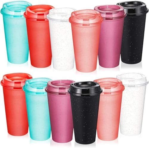 FillTouch 12 Pcs 16 oz Reusable Coffee Cups with Lids, Glitter Colors by FillTouch