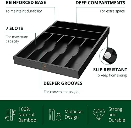 ROYAL CRAFT WOOD Luxury Bamboo Kitchen Drawer Organizer - Silverware Organizer - Utensil Holder and Cutlery Tray with Grooved Drawer Dividers for Flatware and Kitchen Utensils (7 Slot, Black) - Image 2