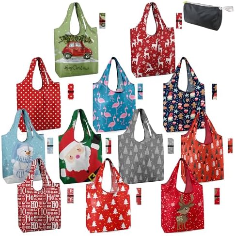 BeeGreen Christmas-Reusable Shopping Bags 12 Pack with Zipper Storage Pouch Christmas-Gifts Grocery Bags Bulk 50LBS X-Large Foldable Machine Washable Santa Deer Snowman by BeeGreen