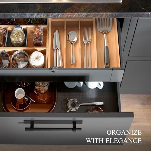 Bamboo Silverware Organizer, Kitchen Drawer Organizer, Utensil Holder, Cutlery Tray & Spoon Flatware Storage with Grooved Drawer Dividers (12''W x 16.5''D) - Image 5