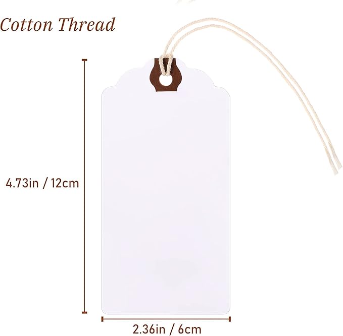 Outus 60 Pcs 4 3/4-in x 2 3/8-in Blank Large Paper Gift Tags with String and Reinforced Eyelet Wire Writable Price Tags Shipping Labels Inventory Labels(White)
