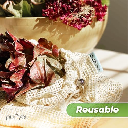 purifyou Set of 9 Reusable Organic Cotton Produce Bags – Heavy Duty Double-Stitched Mesh, Unbleached, Drawstring Closure – 2 XL (12x20), 5 L (12x14), 2 S (12x8) - Image 5