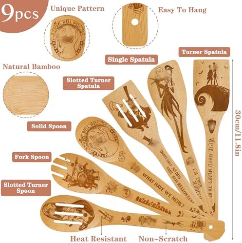 Night Christmas Gifts,Magic Pattern Wooden Cooking Spoons with Apron Oven Mitt Potholder-Halloween Kitchen Decor Cooking Utensils 9pcs,Night Gift for Fans,Women,Mother's Day,Housewarming - Image 2