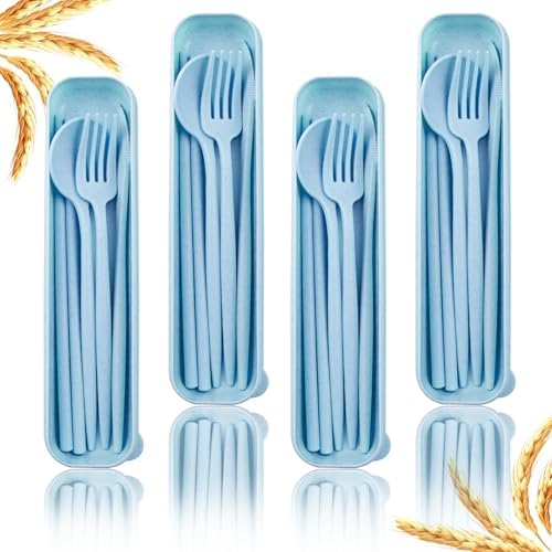 4 Sets Reusable Utensils Set with Case,Camping Cutlery Set Travel Silverware Set with Case Lunch Utensils Set for Work,Utensil Sets for Lunch Picnic Daily Use Outdoor (Lightblue) by ZGQHZR