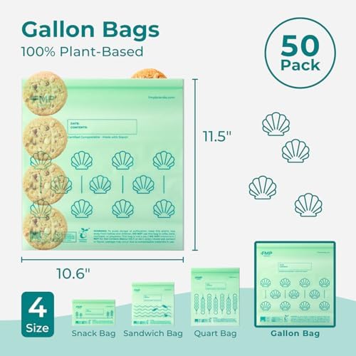 Fit Meal Prep 50 Pack 100% Compostable Food Storage Bags, 1 Gallon Freezer Bags, 10.6 x 11.5" Resealable Bag for Vegetables, Meat, Fruits, ASTM D6400, US BPI & EU OK Compost Certified - Image 2