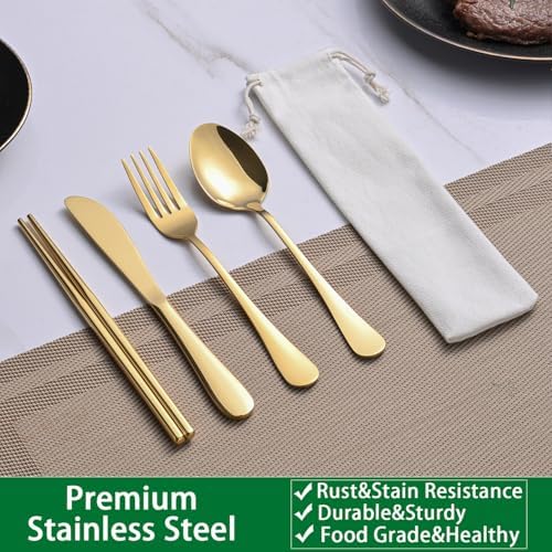 DEHOV Gold Travel Utensils Set With Pouch,Outdoor Camping Silverware Set For Picnic Gadgets,Set Of 5 Portable Cutlery Spoon And Fork Set With Case For Dining - Image 3