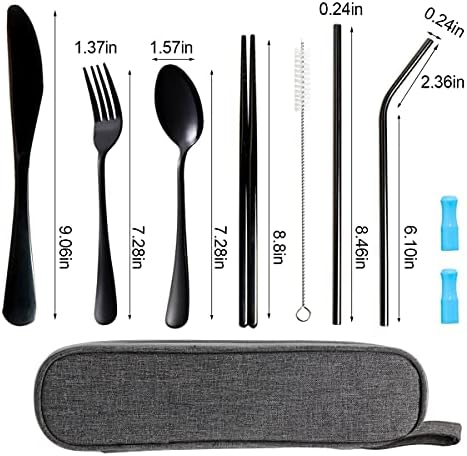 Travel Utensils Set with Case Reusable Portable Cutlery Set Stainless Steel 8pcs Including Dinner Knife Fork Spoon Chopsticks straws(Black) - Image 3