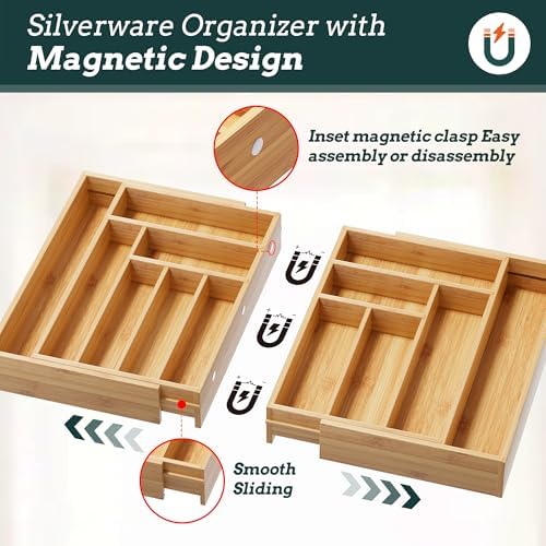 Silverware Organizer Large, Magnetic Connected Expandable 13 Slots Silverware Drawer Organizer From 21 to 37.4 Inches, Adjustable Flatware and Cutlery Holder, Bamboo Utensil Tray for Kitchen Natural - Image 3