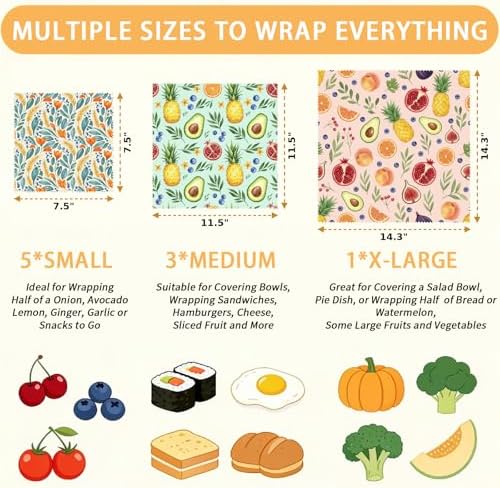 Reusable Beeswax Wrap, Fruit & Floral Wraps, 9 Pack Eco-Friendly Wraps For Food, Organic, Sustainable, Biodegradable, Zero Waste, Plastic-Free Food Storage, 1XL, 3M, 5S - Image 2