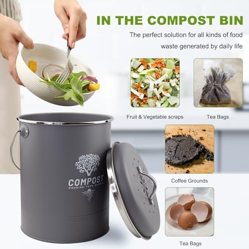 Kitchen Countertop Compost Bin, Odor Resistant Indoor Compost Bin with Lid and Charcoal Filter, Rust Resistant Coated Compost Bucket, Compost Container, Gray - Image 5