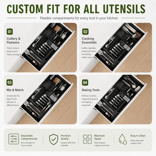 Bamboo Expandable Kitchen Drawer Organizer, 17.7-29.5 in,Black - Image 6
