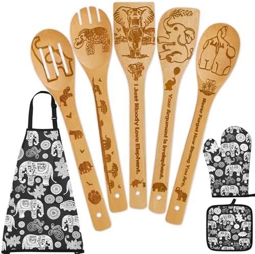 Elephant Gifts for Women,8pcs Elephants Bamboo Cooking Utensil Spoons with Apron Oven Mitt Potholder,Personalized Elephant Gift for Mom,Housewarming Kitchen Decor,Easter,Birthday,Fathers Day by DudjotcHome