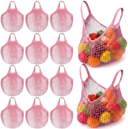Eccliy 12 Pcs Reusable Mesh Grocery Bags Portable Cotton Produce Containers Washable Net Mesh Tote Bag Handle String Shopping(Pink) by Eccliy