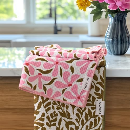 RECYCO Waffle Kitchen Towel Set of 2 - Quick Dry Microfiber Sustainable Dish Towels - Ultra Absorbent Reusable Cleaning Tea Towels - Lightweight Hand Towels,16”x 28”, Petal & Leaf by RECYCOHOMECOLLECTION