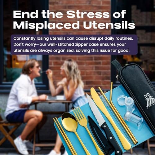 Taplord Portable Travel Silverware Set With Case, Includes 10 Pcs of Travel Utensils With Case, Stainless Steel Flatware Set For Camping, Lightweight (Gold) - Image 5