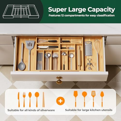 Large Silverware Organizer, 12 Slots Magnetic Connected Expandable Bamboo Utensil Drawer Organizer From 21 to 37.4 Inches, Adjustable Flatware and Cutlery Holder, Utensil Tray for Kitchen Natural - Image 2