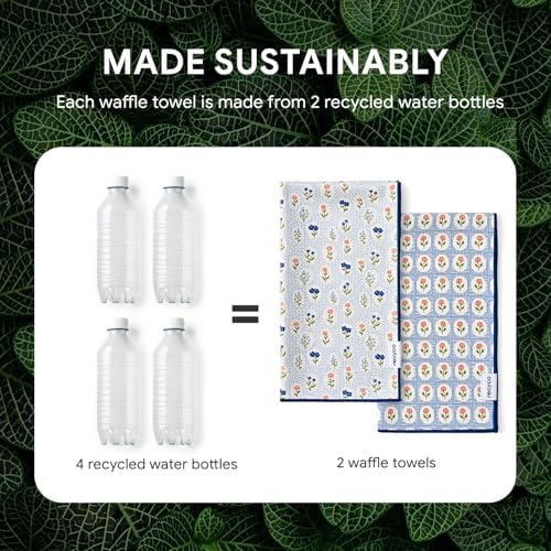 RECYCO Waffle Kitchen Towel Set of 2 - Quick Dry Microfiber Sustainable Dish Towels - Ultra Absorbent Reusable Cleaning Tea Towels - Lightweight Hand Towels,16”x 28”, Bloom Tiles - Image 6
