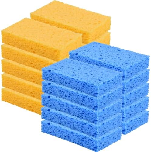 YoleShy 20 Pack Sponges Kitchen Natural Compressed Cellulose Sponges for Dishes Non Scratch for Household Cookware Bathroom Cars Soft Super Absorbent Reusable, Blue and Yellow by YoleShy