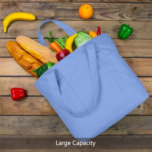 TOPDesign 1-Pack Canvas Tote Bag with an External Pocket, Reusable Grocery Shopping Bag, Top Zipper Closure, Daily Essentials (Light Blue) - Image 3