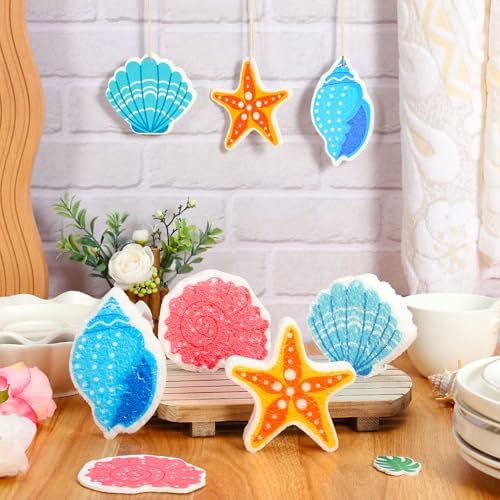 Whaline 8Pcs Starfish Shell Kitchen Sponges Water Absorbing Dish Washing Sponge Summer Sea Snail Starfish Shell Non Scratch Cleaning Scrub Sponges for Summer Home Kitchen Bathroom - Image 4