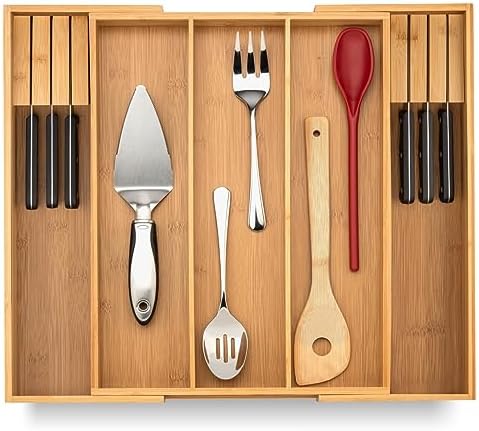 Purawood Kitchen Drawer Organizer with Knife Blocks - Utensil Drawer Organizer for Kitchen, Cutlery Tray & Silverware Organizer, 3-5 Slots - Bamboo Organizer for Utensils & Flatware (Natural) by PURAWOOD