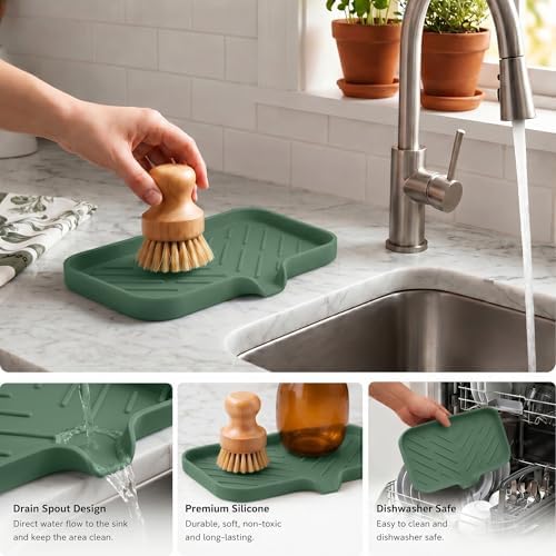 MicoYang Silicone Soap Dish with Drain Spout — Self-Draining Sink Organizer Tray for Bathroom & Kitchen, Sponges, Dispensers & Soap Holder, Non-Slip & Dishwasher Safe, Green (Medium, 9.6"×5.3") - Image 3