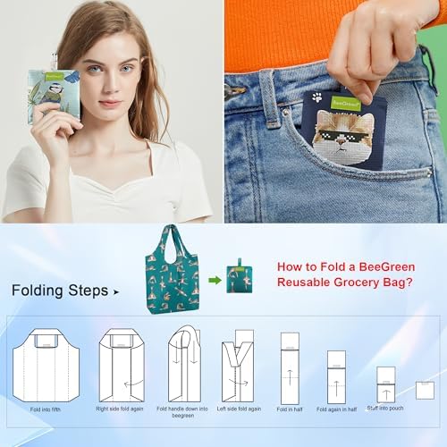 BeeGreen Reusable Shopping Bags Cute Grocery Bag 6 Pack, Reusable Gift Bags Heavy-Duty Foldable Shopping Totes for Supermarket, Work & Travel, Large Washable Polyester Tote Bag with Handles - Image 6
