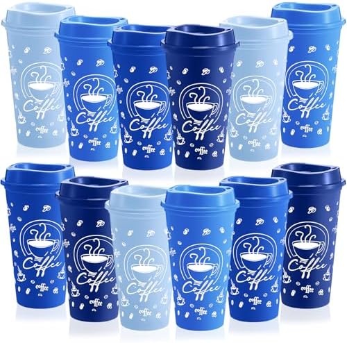 12 Sets Reusable Coffee Cups with Lids, 16oz, Blue Series by Skybooly