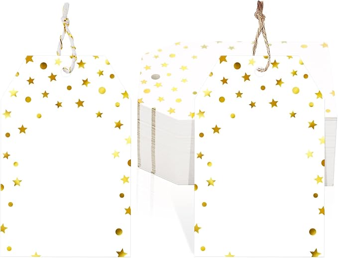 jijAcraft Gift Tags with String, 100Pcs Gold Foil Star Blank Gift Wrapping Labels, 3.3x2.1 Inch White Paper Name Tags for Wedding, Birthday, Baby Shower
