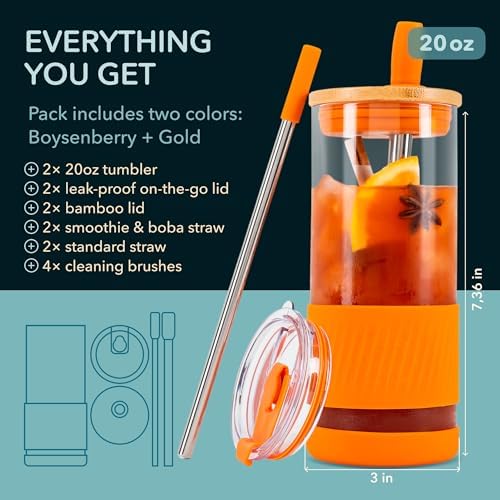 Pandaloo® Glass Cups With Lids and Straws -20 Fl Oz- Perfect Size Iced Coffee Cup - Smoothie Cup With Bamboo Lid and On the go Lid - Glass Tumbler (2 Count (Pack of 1), Boysenberry-Autumn Gold) - Image 2