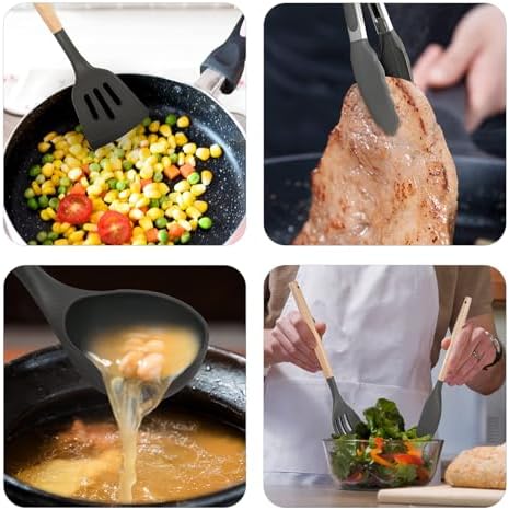 Non-Stick Silicone Cooking Utensils Set, 5 Pcs with Wooden Handle, Heat Resistant Silicone Kitchen Gadgets (Gray) - Image 5