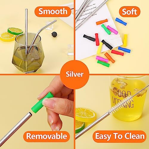 Lazycorner 16 Pcs Short Metal Straw, 6mm 5.5" 6.5" Kids Reusable Straw Silicone Tips Cleaner, Mini Small Stainless Steel Straws Fit 8 10 12 oz Tumbler/Wine Tumblers, Reusable Cocktail Straws(Silver) - Image 6