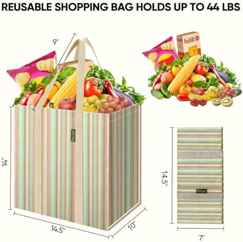 BALEINE 4 PK Grocery Bags Reusable Shopping Bags with Reinforced Bottom, Heavy Duty Foldable Tote Bags (Color Strip) - Image 2