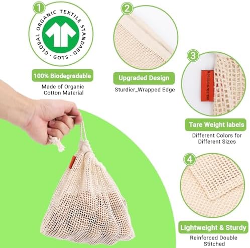 Pack of 6 Reusable Produce Bags Washable, 3 Sizes (2xS+2xM+2xL) Reusable Grocery Bags Heavy Duty Cotton Bag Mesh Bags for Vegetables, Enhanced Closure Edge, Double Stitched, with Tare Weight - Image 3