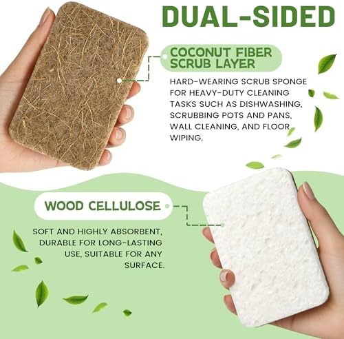 Natural Kitchen Sponges-12 Pack, Cellulose & Coconut Scrubber Dish Sponges - Image 3