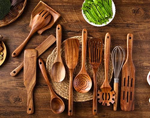 Wooden Kitchen Utensils Set, 11 Pcs Teak Wood Cooking Utensils Spoons Spatulas Spurtles Kit Non-stick Natural Kitchen Tools for Cooking - Image 2