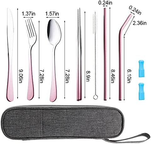 Travel Utensils Set with Case Reusable Portable Cutlery Set Stainless Steel 8pcs Including Dinner Knife Fork Spoon Chopsticks straws(Gradient Pink) - Image 3