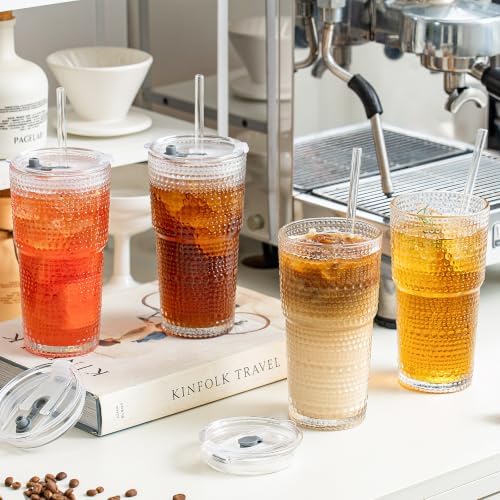 SoulTimes 20oz Hobnail Glass Tumbler with Bamboo Lids and Straws - Iced Coffee Glass Cups for Smoothie, Matcha, Juice, Water etc. Leakproof and Reusable Glassware Drinking for Travel To Go [4 Pcs] - Image 2