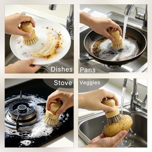 AUEAR, Natural Bamboo Dish Scrub Brush Cleaning Pot Scrubber Brushes Coconut Bristles for Cast Iron Skillet Pots Pans (2 Pack, 2 Colors) - Image 6