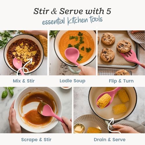 Starpack Stir and Serve Silicone Cooking Utensils Set (5-Piece, 11") - LFGB Non Toxic, 600°F Heat Resistant, BPA-Free - One-Piece Seamless, Dishwasher Safe - for Nonstick Cookware, Earthy Pink - Image 2