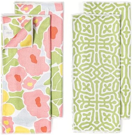ELYN Microfiber Kitchen Dish Towel Set, Quick-Dry & Absorbent Waffle Weave Cleaning Towels, Set of 4 Kitchen Towels, Paper Towels Alternative (Bold Floral & Geo) by ELYN
