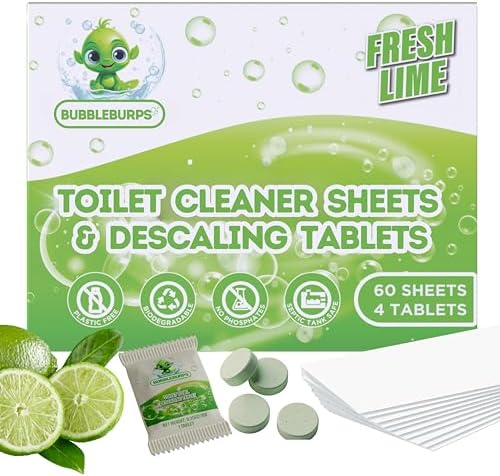 Toilet Cleaning Sheets & Descaler Tablets COMBO, 60 Toilet Bowl Cleaner Strips & 4 Toilet Stain & Ring Remover Tablets, Plastic Free, No Harsh Chemicals, Septic & Gray Water Safe, No Mess by Bubbleburps