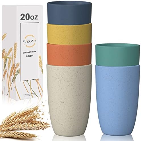 Wrova Wheat Straw Cups 6 PCS Good Alternative to Plastic Reusable Cups 20 oz Unbreakable Drinking Cup Reusable Dishwasher Safe Water Plastic Glasses Mixed Color by WROVA