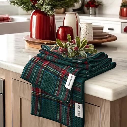 RECYCO Christmas Waffle Kitchen Towel Set of 2 - Quick Dry Microfiber Sustainable Dish Towels - Ultra Absorbent Reusable Cleaning Tea Towels - Lightweight Hand Towels,16”x 28”, Stewart Plaid Green by RECYCOHOMECOLLECTION