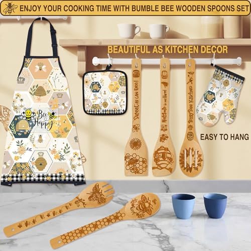 Bee Gifts for Women,8pcs Kitchen Utensils Set with Apron Oven Mitt Pot Holder - Unique Bee Bamboo Wooden Cooking Spoons Set,House Warming,Easter,Birthday - Image 5