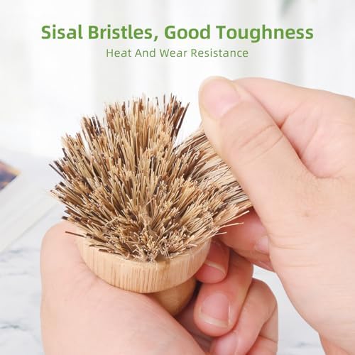 6 Packs Bamboo Dish Scrubber - Hard Bristle Natural Bristle Brush Union Fiber and Tampico Fiber Bamboo Dish Brush for Washing Cast Iron Pan/Pot - Image 5
