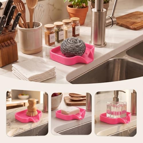 MicoYang Silicone Soap Dish with Drain Spout, Self-Draining Sink Organizer Tray for Bathroom and Kitchen, Sponges, Dispensers and Soap Holder, Non-Slip and Dishwasher Safe, Rose (Compact, 4.9"×3.2") - Image 3