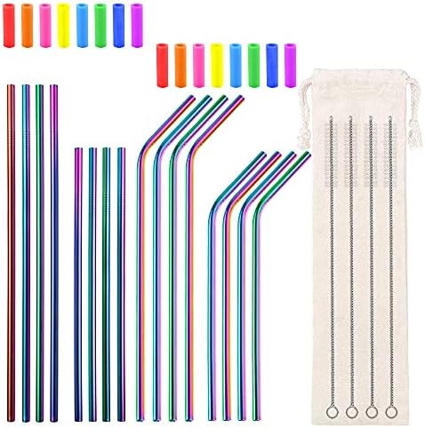 Lazycorner 16 Pcs Metal Straw Reusable 8.5" 10.5" 6mm Stainless Steel Straws for Tumblers 20oz-32oz, Rainbow Drinking Straws with Silicone Tips, 4 Straw Cleaner Brush, 1 Travel Case by Lazycorner