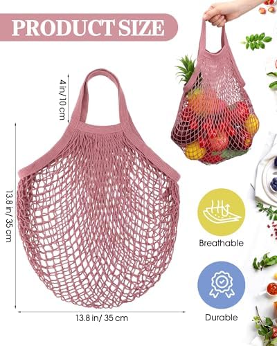 Eccliy 12 Pcs Reusable Mesh Grocery Bags Portable Cotton Produce Containers Washable Net Mesh Tote Bag Handle String Shopping(Pink) - Image 4