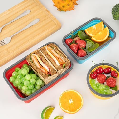 Collapsible Silicone Food Storage Containers Set with Lid & Air Vent, Foldable Lunch Containers, 8 Pack (4 Rectangular + 4 Round Bowls), BPA-Free, Space-Saving - Image 3